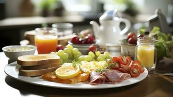 Mañana momentos desayuno estaba terminado en el cocina. generativo ai foto