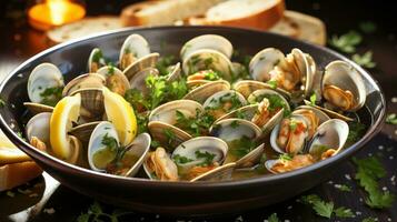 Portuguese Elegance on a Plate. The Time-Honored Flavors of Clams Bulhao Pato. Generative AI photo