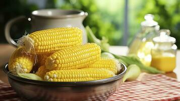 Sunny Side of Supper. Corn in a Bowl on Wood Table on bright background. Generative AI photo