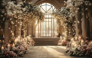 Luminous Love - Where Twinkling Lights Meet Floral Elegance in Wedding Bliss. Generative AI photo