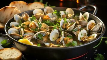 Culinary Coasts. Celebrating the Essence of Portuguese Gastronomy with Clams Bulhao Pato. Generative AI photo