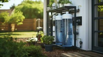 más allá el Puerta trasera. casa agua filtración sistema en el patio interior. generativo ai foto