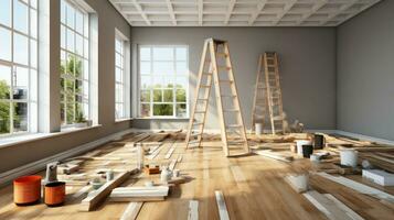 renovación en el casa - cepillos, cubos, y el nacimiento de un nuevo parquet piso. generativo ai foto