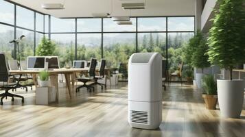 Modern Office, Purified Ambiance. Air Purifier In Modern Open Plan Office For Fresh Air And Healthy Life. Generative AI photo