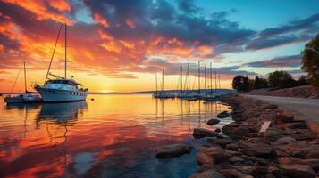 Sailboat harbor, many beautiful moored sail yachts in the sea. Generative AI photo