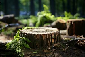 Composition of tree stump with blurred tropical background copy space AI Generated photo