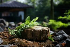 Composition of tree stump with blurred tropical background copy space AI Generated photo