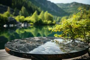 black marble podium with blurred lake background, product placement AI Generated photo