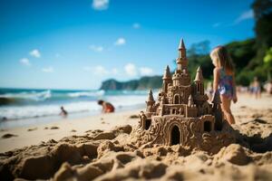 A unique sand castle with blurred beach background AI Generated photo