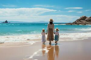 A mother and daughter from behind walking at a beach AI Generated photo