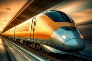 moderno alto velocidad tren crucero en un diario conmutar ai generado foto