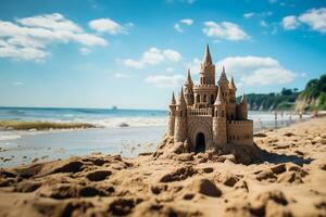A unique sand castle with blurred beach background AI Generated photo