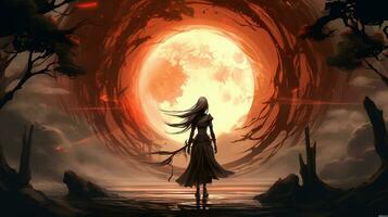 AI generated lunar glow over rice terraces, digital art illustration, Generative AI photo