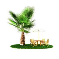 Tropical panorama with palm trees and dining table set. photo