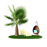 Tropical panorama with palm trees, chairs for relaxing and swinging. photo