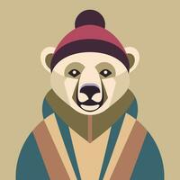 A white polar bear is wearing a jacket and a hat. Vector illustration in geometric style. Design element for posters, prints for clothing, banners, covers, websites, social networks, logo