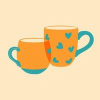 Coffee or tee cups. Colorful cute screen printing effect. Riso print effect. Vector illustration. Graphic element  for fabric, textile, clothing, wrapping paper, wallpaper, poster.