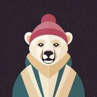 A white polar bear is wearing a jacket and a hat. Vector illustration in geometric style. Design element for posters, prints for clothing, banners, covers, websites, social networks, logo