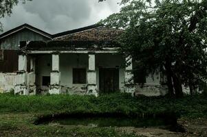 the front yard of an empty house that has been left in a state of disrepair and unkempt photo