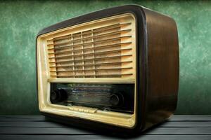 An old AM radio with analog frequency search buttons and needles on a retro background photo