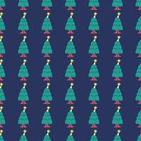 New Year, Christmas pattern with funny Christmas trees in flat retro style with yellow star.  Congratulations on the holidays, postcard, pattern for fabric, wrapping paper, background. vector
