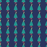 New Year, Christmas pattern with funny Christmas trees in flat retro style with yellow star.  Congratulations on the holidays, postcard, pattern for fabric, wrapping paper, background. vector