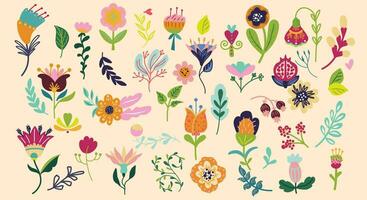 Beautiful large set of flowers, leaves and elements.  Vector fantasy flowers hand drawn.