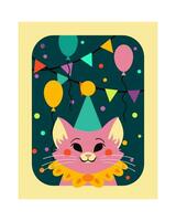 Colorful post card with pink cat in cartoon style. Happy Birthday postcard, poster vector