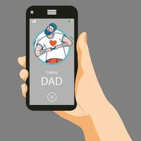 Calling father on smartphone Hand holding cellphone Calling dad by using mobile phone Fathers day concept .Vector flat design vector