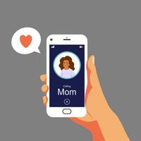 Calling mother on smartphone Hand holding cellphone Calling mom by using mobile phone Mothers day concept. Vector flat design