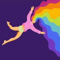 niña con arco iris pelo volador en el noche cielo vector