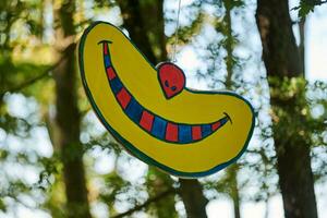 Smile of Cheshire cat hanging art object in public park, funny cute smile hanging in woods photo