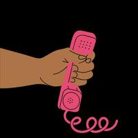 The hand holds the receiver of an old retro pink telephone. Vector illustration in cartoon style. Suitable for posters, prints, printing