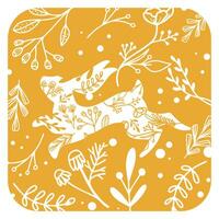 rabbit with flowers ornament on yellow background, vector illustration of celebration spring day isolated on yellow background. Postcard, poster, background