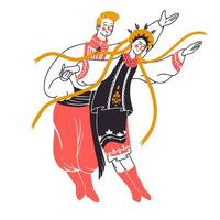 A guy and a girl in national costumes are dancing. Ukrainian folk dances. Couple in national costumes. Vector illustration hand-drawn. Characters in flat style