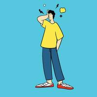 The guy stands and thinks, worries, gets angry, is in stress. Vector illustration in cartoon style.