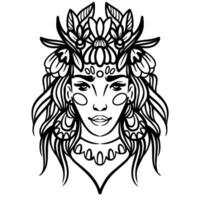 estilizado retrato de un hermosa niña con flores en su pelo dibujado por líneas. vector ilustración. minimalista retrato de un mujer en étnico estilo.