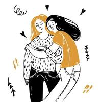 dos muchachas abrazo cada otro tiernamente concepto para mismo sexo amar, lesbiana parejas, hembra amistad y apoyo. vector ilustración en garabatear estilo.