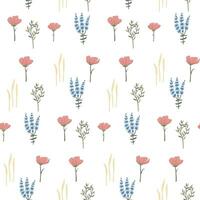 Wild flowers pattern. Seamless floral background. Repeating botanical print with spring blooms, plants and herbs for wallpaper and wrapping. Colored flat vector illustration