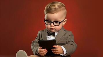 AI Generative Cute baby businessman from using device like a pro. Digital native playing, studying, or watching their favorite cartoons. photo