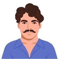 Stylish handsome man with mustache and dark brown curly hair. Happy people avatars. Head portrait. Colored flat vector illustration