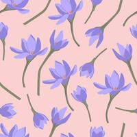 Crocus flowers pattern. Seamless floral background. Repeating botanical print with blooms for wallpaper and wrapping. Delicate flora texture. Colored flat vector illustration