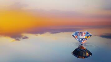 Luxury Shinning Diamond Balanced on Rippled Water Surface with Reflected Sky Background, Diamond Wallpaper, photo