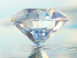 Luxury Shinning Diamond Balanced on Rippled Water Surface with Reflected Sky Background, Diamond Wallpaper, photo