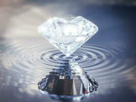 Luxury Shinning Diamond Balanced on Rippled Water Surface with Reflected Sky Background, Diamond Wallpaper, photo