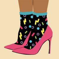 Women's legs in high-heeled shoes and funny, multi-colored, fashionable, retro socks. Vector illustration in cartoon style