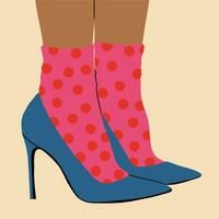 Women's legs in high-heeled shoes and funny, multi-colored, fashionable, retro socks. Vector illustration in cartoon style