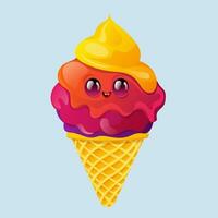 Cartoon ice cream with cute face. Design for print, sticker, party decoration, logo, emblem, magazine prints or journal article, t-shirt design, poster. Vector illustration