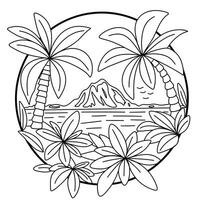 Tropical doodle picture. Outline tropic picture with frame. Hand drawn vector art.