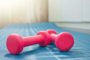 Two red dumbbells on a yoga mat. Concepts about fitness, sport and health. photo